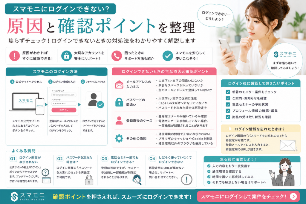 スマモニにログインできない原因や確認ポイントを整理したイメージ画像