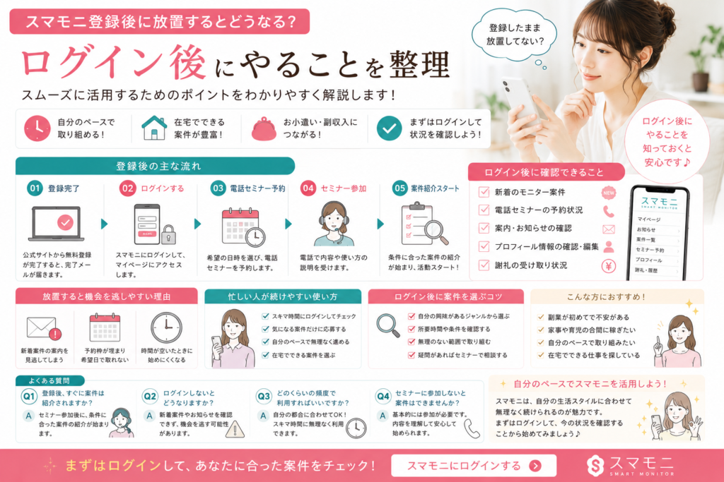 
スマモニ登録後にログインしてやることや流れを解説するイメージ画像